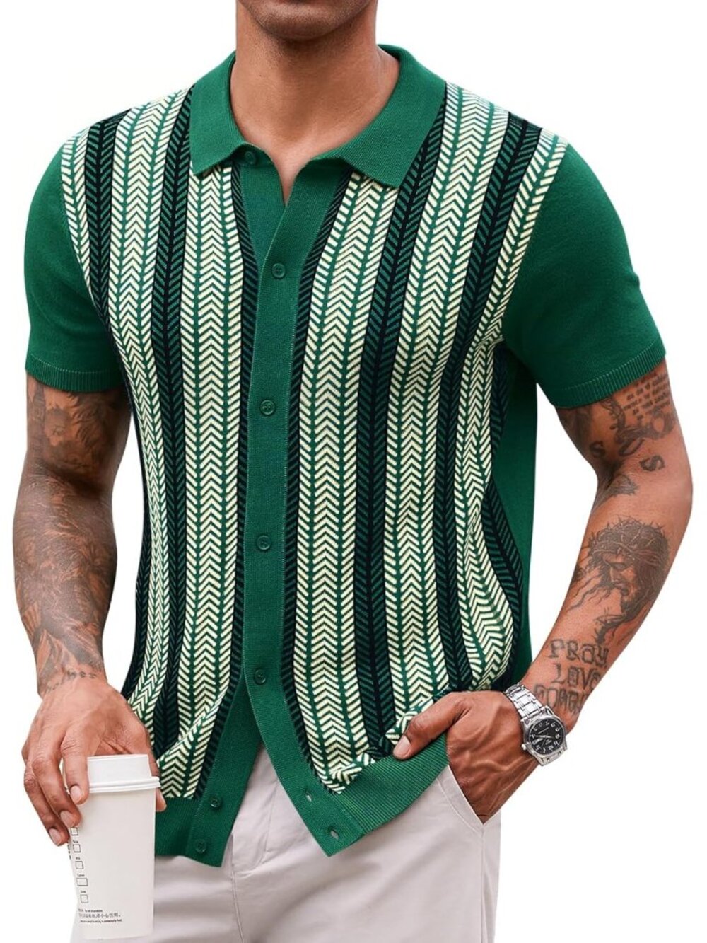 Men's Green Vintage Knit Polo Short Sleeve Casual Golf Old Money Shirt